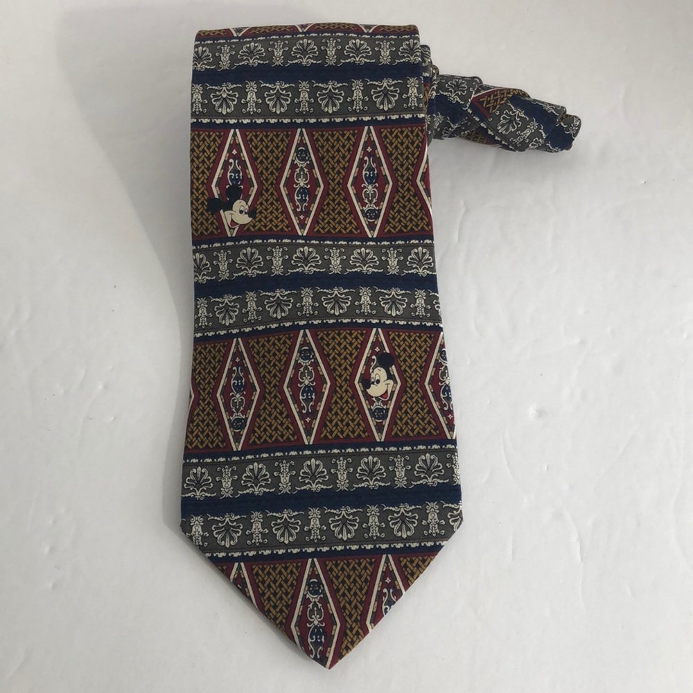 Mickey Inc Silk Tie Diamond Pattern Blue Brown Red